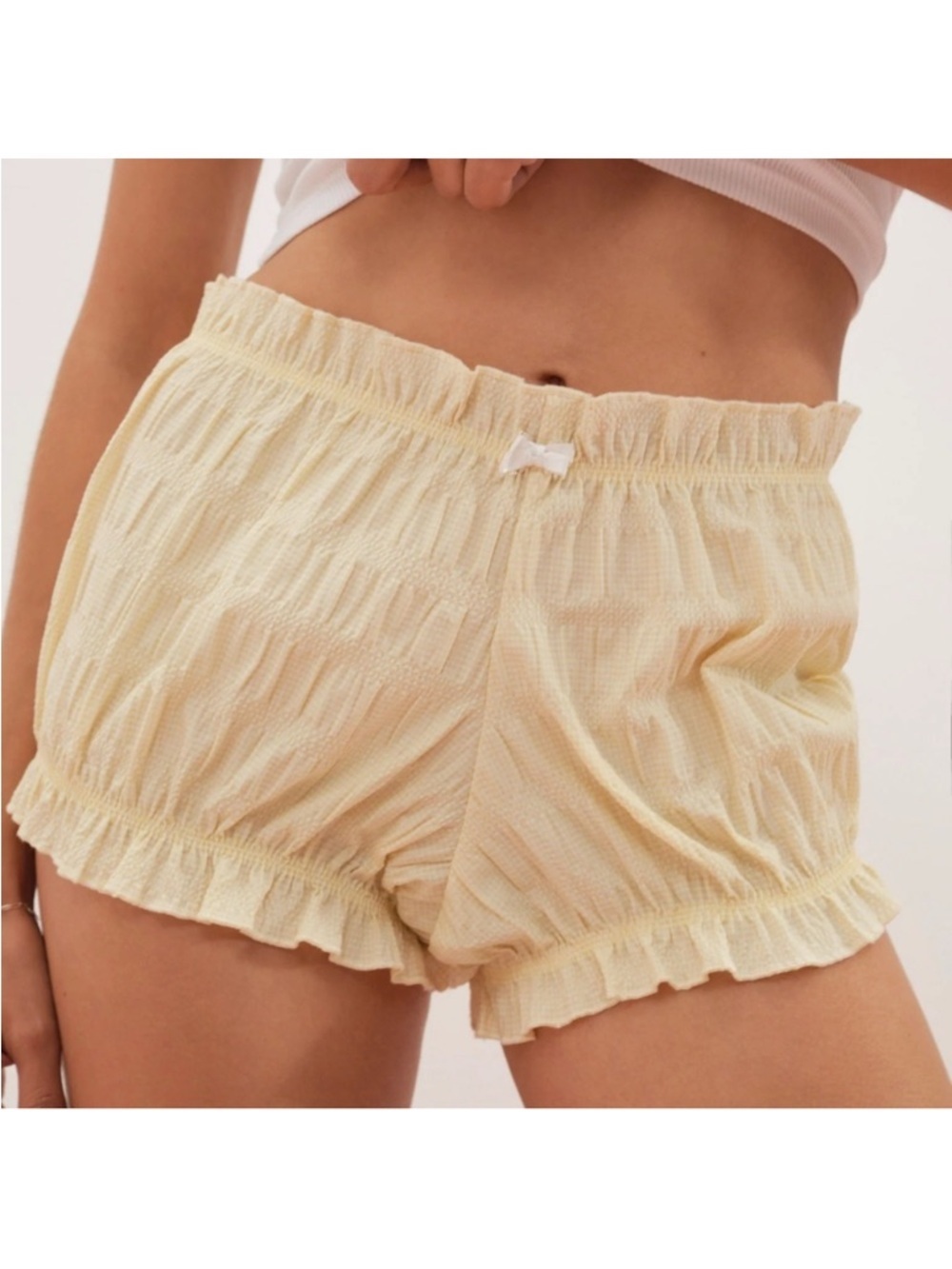 NEW For Love & Lemons Puckered Gingham Bloomer Short Pale Yellow Sz S & M
